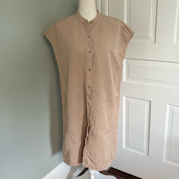 Eileen Fisher Linen Blend Mandarin Collar Shirtdress in Khaki Size Medium - Picture 1 of 7